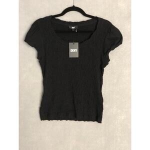 DKNY Puff Sleeve Top Women's Small Crew Neck Contrast Black NEW